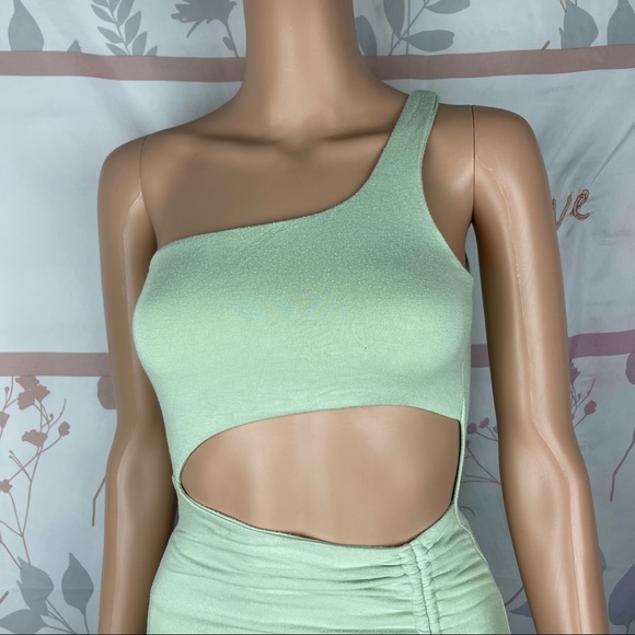 Lime/Pistachio Slinky Ruched Cut Out Bodycon Dress Small - Picture 4 of 7